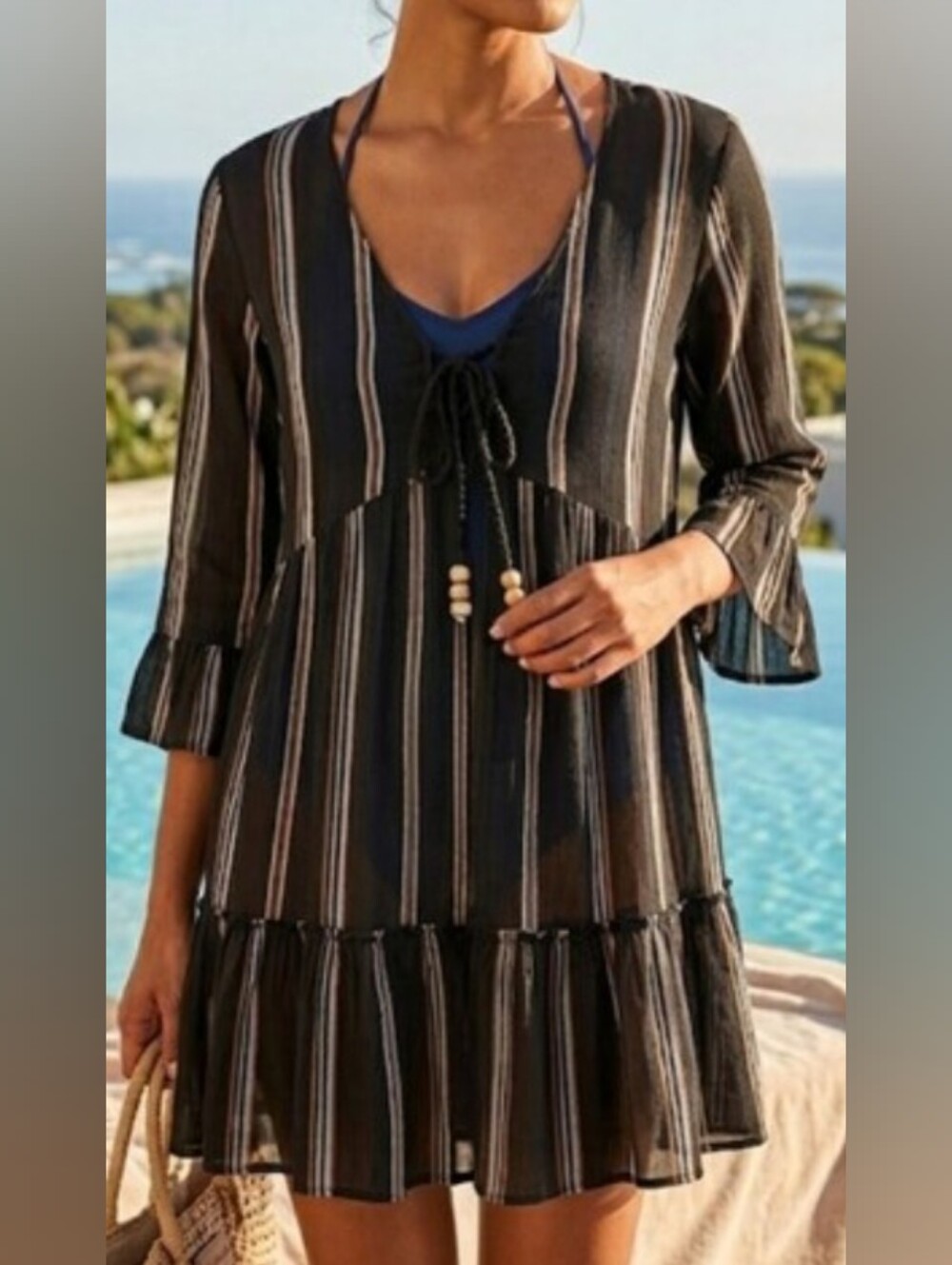blue island Black Striped V-Neck Ruffle Sleeve Tunic/ Swim Cover Up